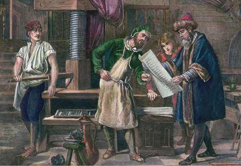 ציור המתעד את גוטנברג בבית המלאכה שלו